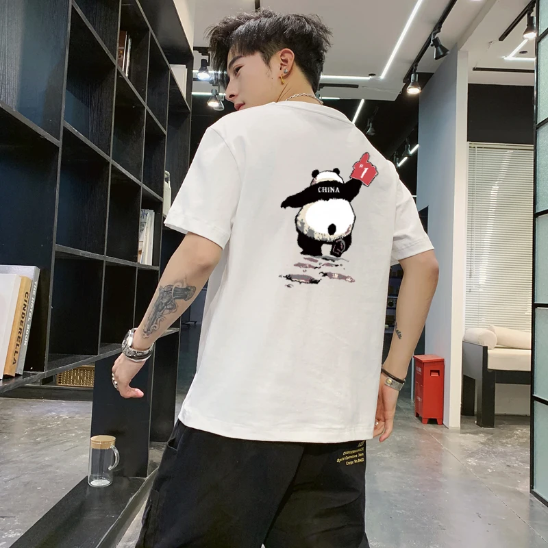 

2022 Harajuku Youthful Vitality Funny Panda Print Men Tshirts College Style Casual Oversized Loose Pullover All-Match Summer Top