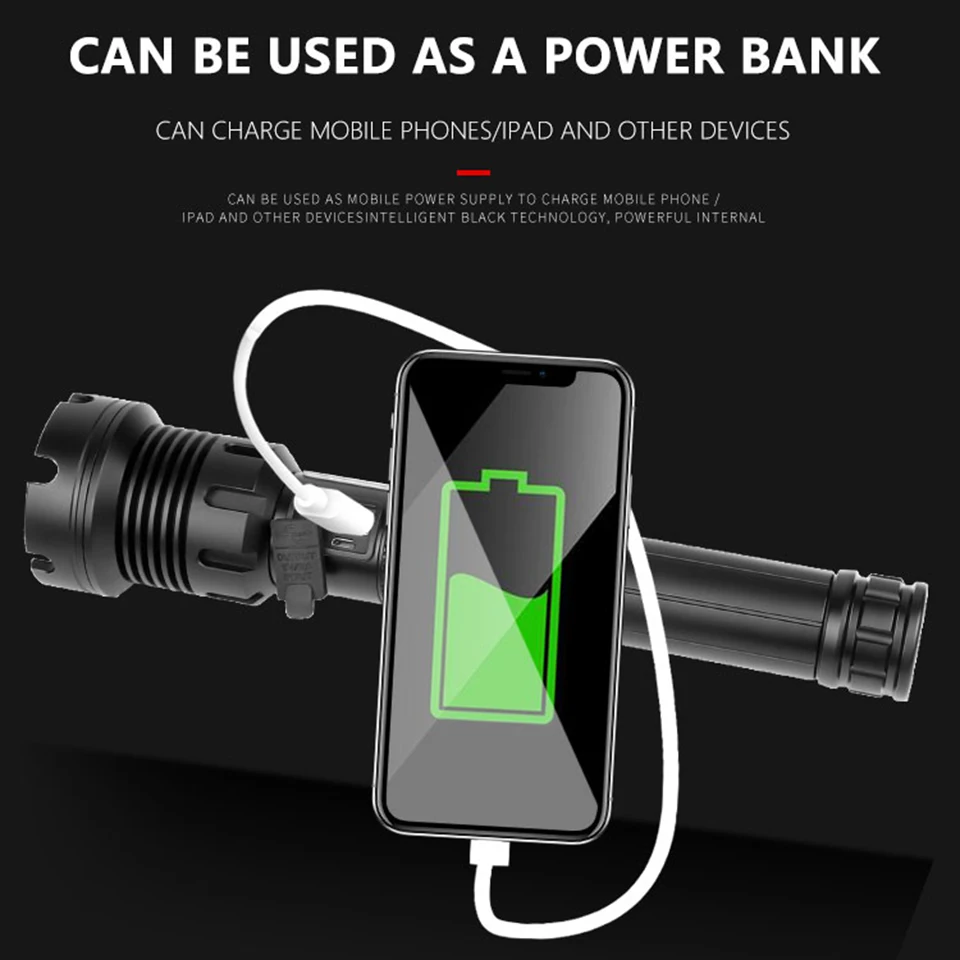 

XHP110 11-core Led Flashlight Power Bank Function Torch Usb Rechargeable 18650 or 26650 Battery Zoomable XHP90 Aluminum Lantern