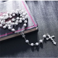 prayer glass bead rosary cross pendant necklace vintage virgin mary catholic jesus link chain women religion jewelry