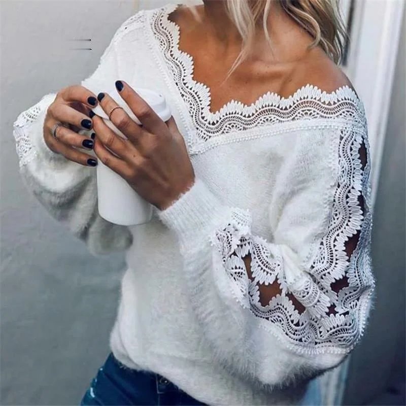 

Zoulv Long Sleeve Solid White Jumper Warm Winter Autumn Latest Sweaters Ladies Sexy Sweater Women V-neck Lace Pullover Sweater