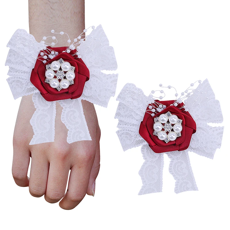 

American Bride and Bridesmaid Wrist Flower Wine Red Men's Corsage Suit Rhinestone Pearl DIY Romantic Wedding Props T051