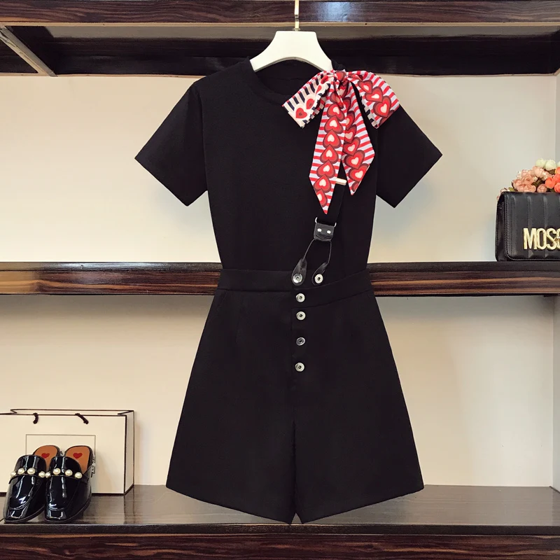 

L-4XL Plus Size Summer 2021 Solid Short Sleeve O Neck Bow TShirt + Wide Leg Shorts Fashion Elegant Female Two Pieces Sets