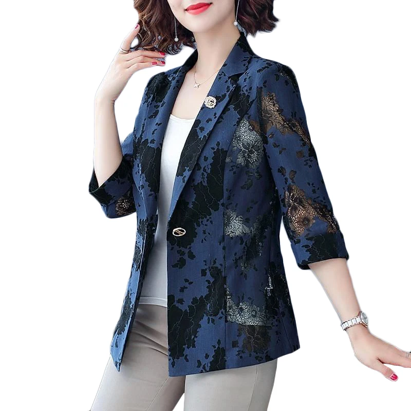 

2023 New Women Blazer Spring Summer Jacket Coat Lace Thin Suit Outerwear 3/4 Sleeve Large Size Casual Women's Clothing Navy 4XL