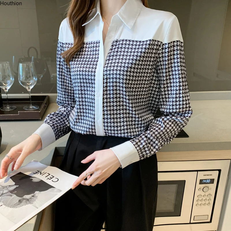 

Autumn New Women's Blouses Polo Shirt Long Sleeve Top Houndstooth Blouse Splicing Chiffon Casual Fashion Lady Loose