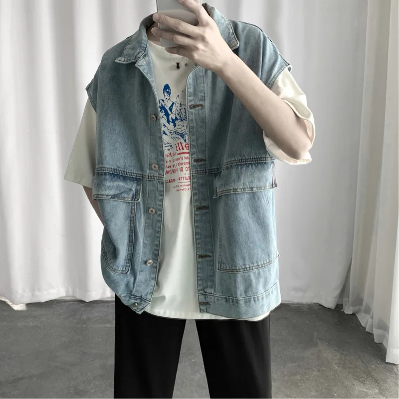 Осенний Новый мужской джинсовый жилет Модный повседневный Одноцветный без