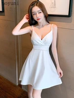 spring 2021 summer sexy deep v strap waist controlled large hem dress womens white short skirt fashion party dress evening