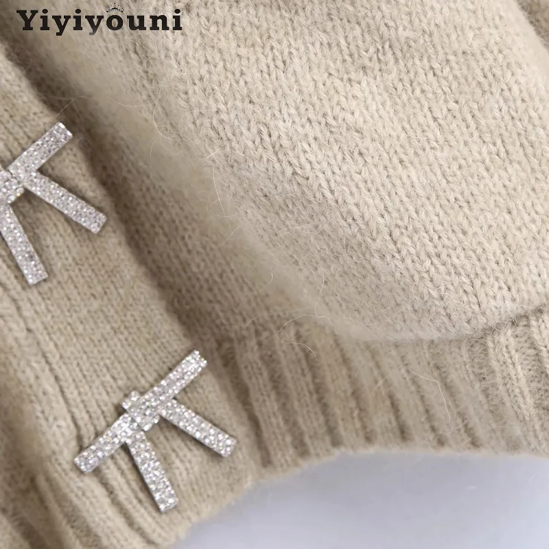 

Yiyiyouni Casual V-neck Knitted Sweater Cardigan Women Lantern Sleeve Pockets Short Cardigan Women Korean Loose Sweater Coat Top