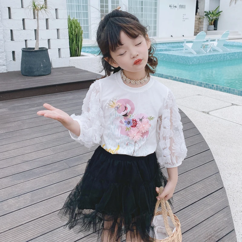 Baby girls 3D Flowers Princess t-shirt 2020 spring autumn new lace print tops shirt children clothes ws1371 | Детская одежда и