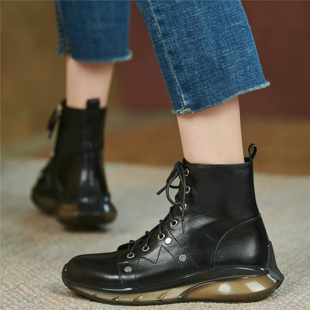 

Fashion Sneakers Women Lace Up Genuine Leather Med Heel Ankle Boots Female High Top Round Toe Platform Pumps Casual Rivets Shoes
