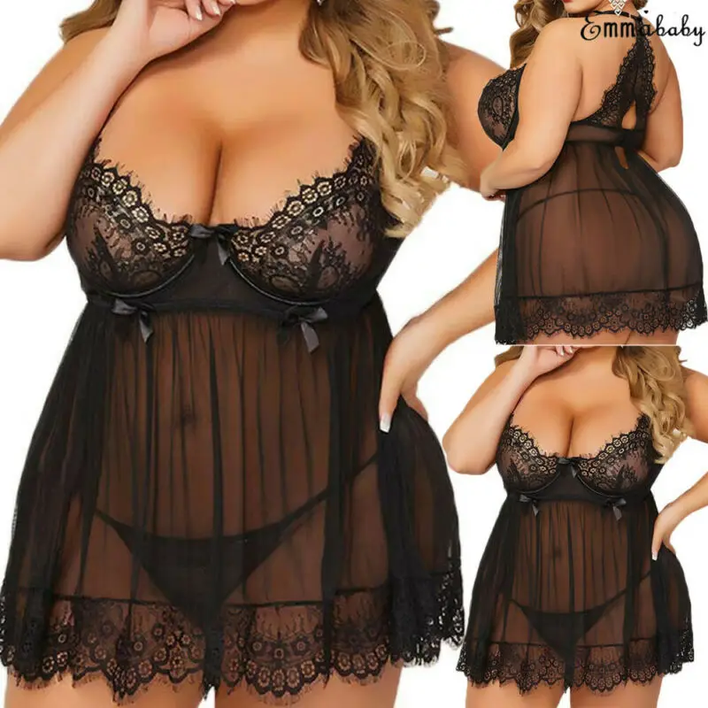 2 шт. пижамы большого размера набор женский Babydoll кружевное белье набедренных
