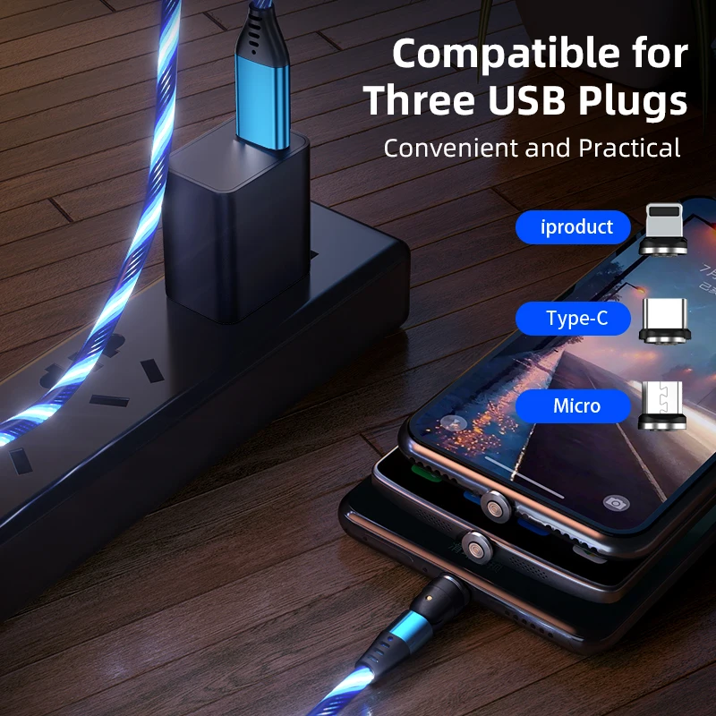 

540 Degree Roating Magnetic Charging Cable For iPhone Samaung LED Micro USB Type C Flowing Light Lighting Mobile Phone Charger