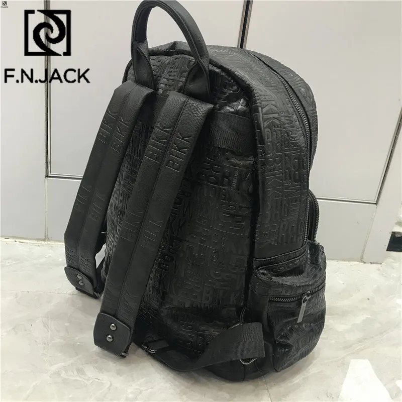 F.N.JACK New Leather Letter Bags Large Capacity Backpacks Split Leather Zipper Men Fashion Bag Students Travel Bagpack