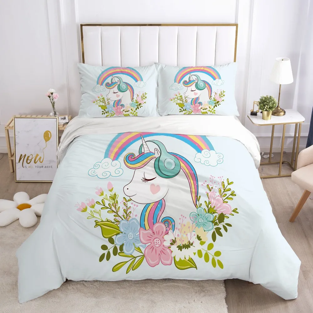 

cartoon Bedding Set for kids baby duvet cover set for home bed linen pillowcase family sets Euro 200x220 flowers Rainbow unicorn