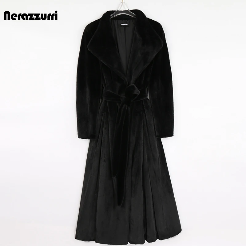 

Nerazzurri Зимнее длинное теплое пушистое пальто из искусственного меха с юбкой для женщин с поясом Плюс Размер Элегантная Роскошная Корейская ...