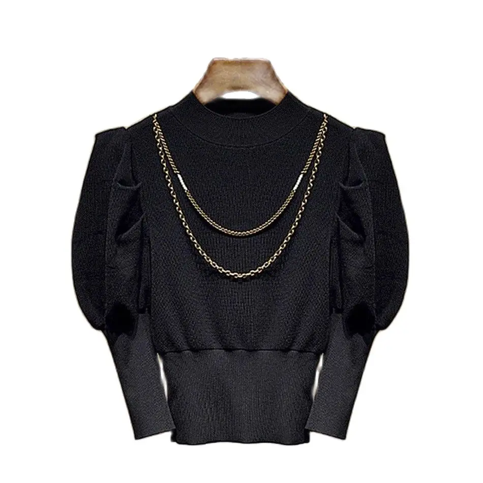 Женский винтажный свитер-туника с рукавами-фонариками и высоким воротником -