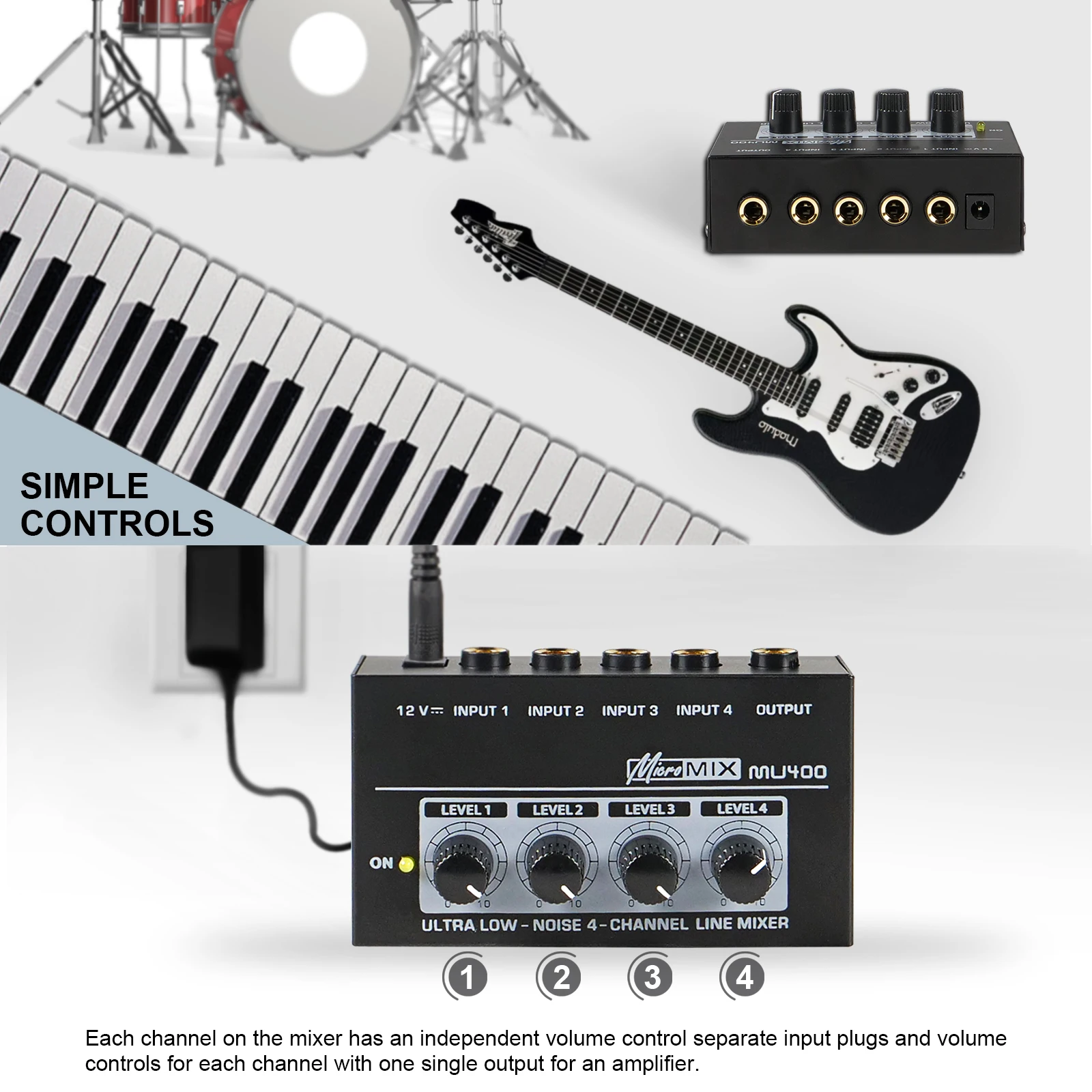 

Ultra Low-Noise 4-Channel Passive Line Mixer for Live and Studio Stereo Mini Mixer with AC adapter for Bar MU400