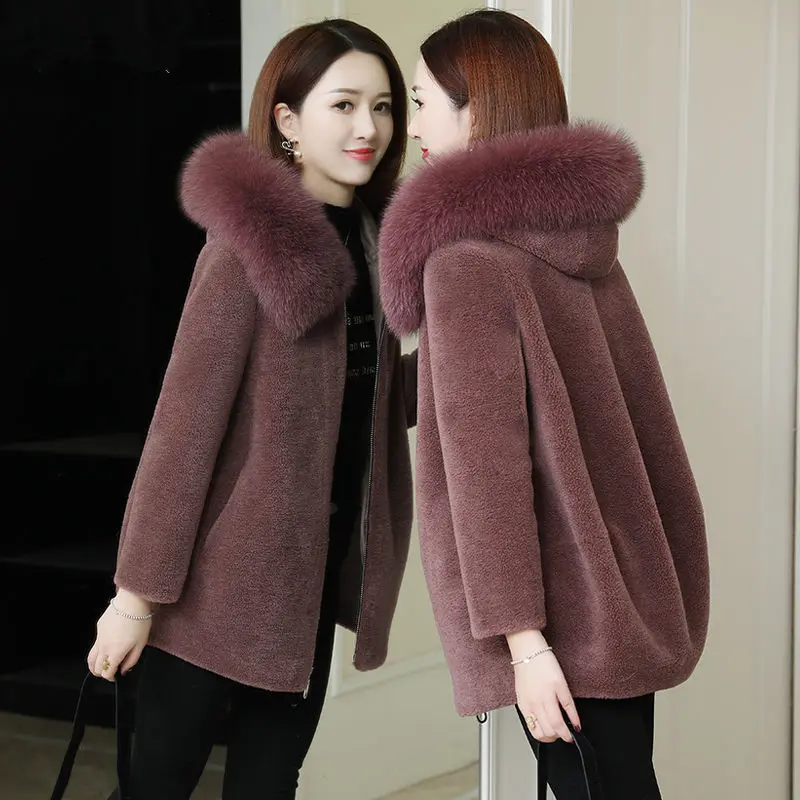 2021 Women Winter Real Fur Wool Coat Female Solid Warm Thick Fur Collar Hooded Outwear Lady Genuine Sheep Shearing Jacket K339