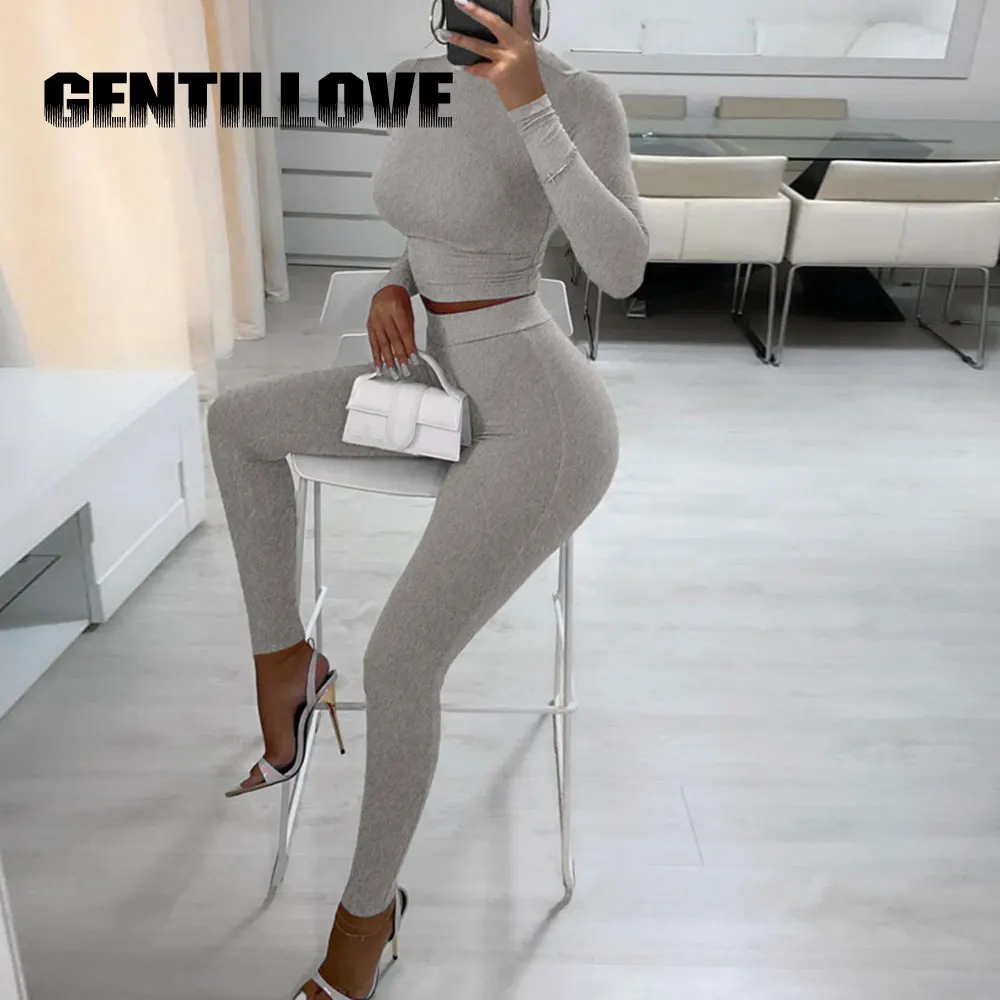 

Sport Outfit For Woman Solid Color Tracksuit Turtleneck Long Sleeve Crop Top High Waist Sweatpants 2 Pieces Joggers Yoga Suit