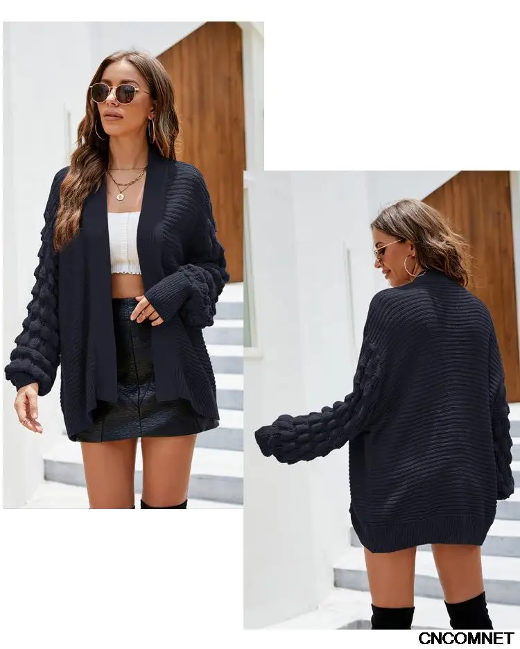 

Women Solid Color Sweaters Hollow Out V-Neck Long Lantern Sleeve Autumn Winter Casual Loose Cardigan Knitted Coat Femme Clothing