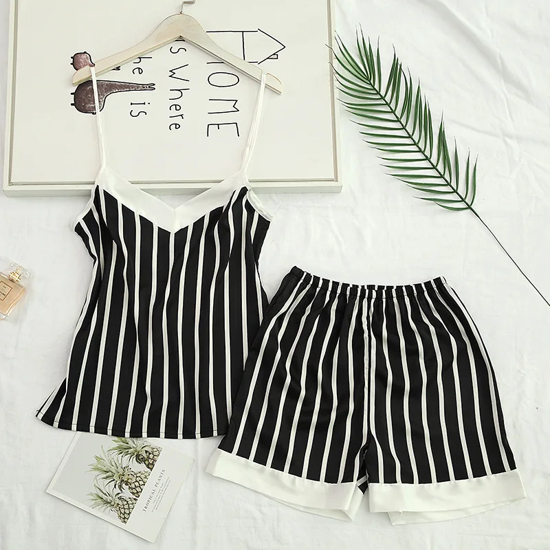

Women Striped 2PCS Pajamas Suit Summer New Lounge Ice Silk Sleepwear Sexy V-Neck Strap Homewear Shorts Nightwear Intimate Pyjama