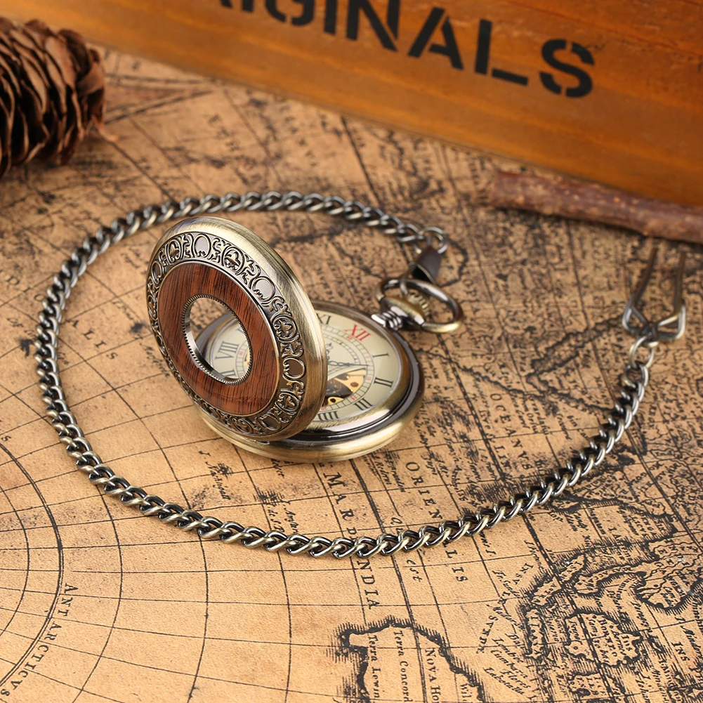 

Vintage Wood Mechanical Pocket Watch Roman Numerals Creative Carving Flower Dial Wooden Watches Pendant Chain Women Men Gifts