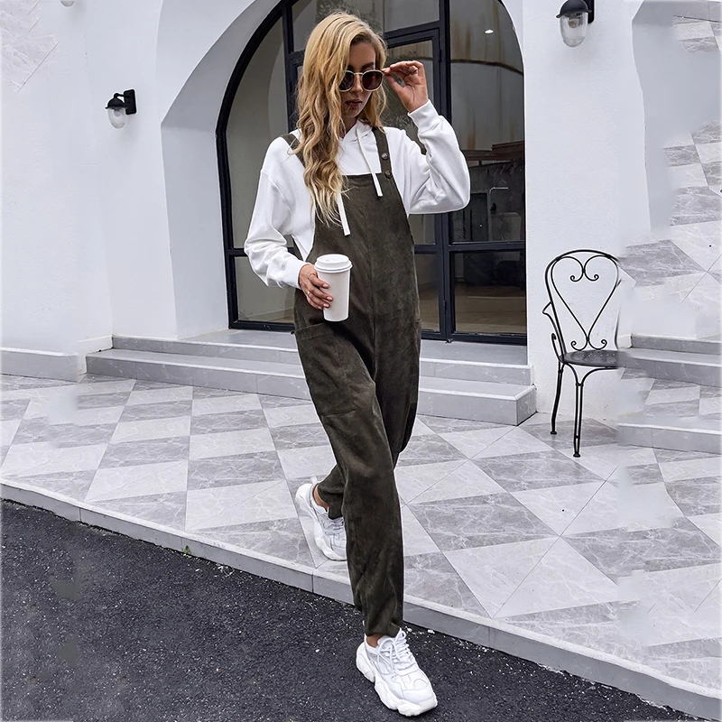 

Foridol Army Green Sleeveless Autumn Winter Jumpsuit Overalls Women Casual Pockets Straight Office Ladies Femme Long Pants New