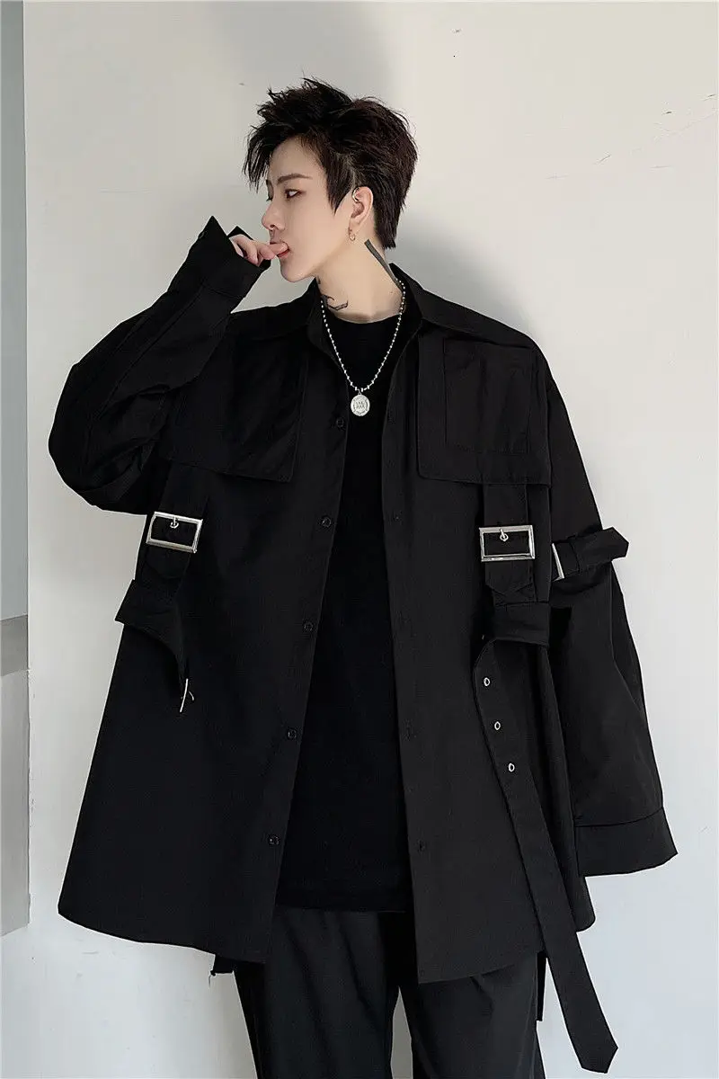 

IEFB 2021 Sprign New Bandage Patchwork Design Black White Shirts For Men Long Sleeve Oversized Blouse Streetwear Tops 9Y6267