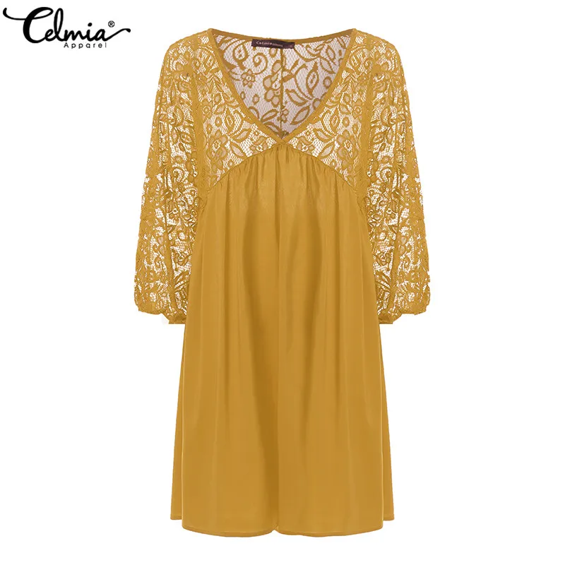Bohemian Dress Celmia Women 3/4 Sleeve V-neck Summer Lace Sundress Casual Loose Pleated Party Robe Femme Mini Vestidos Plus Size | Женская