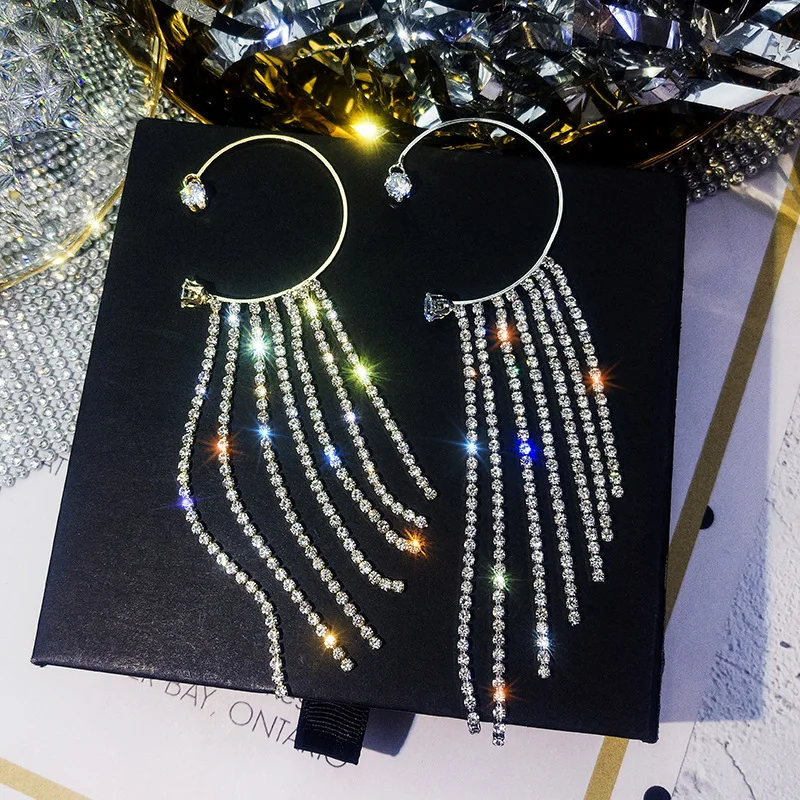 Серьги-клипсы с кисточками, серьги-манжеты для ушей без пирсинга для женщин, вечерние ювелирные изделия, серьги-подвески, модные серьги в стиле бохо с цирконием