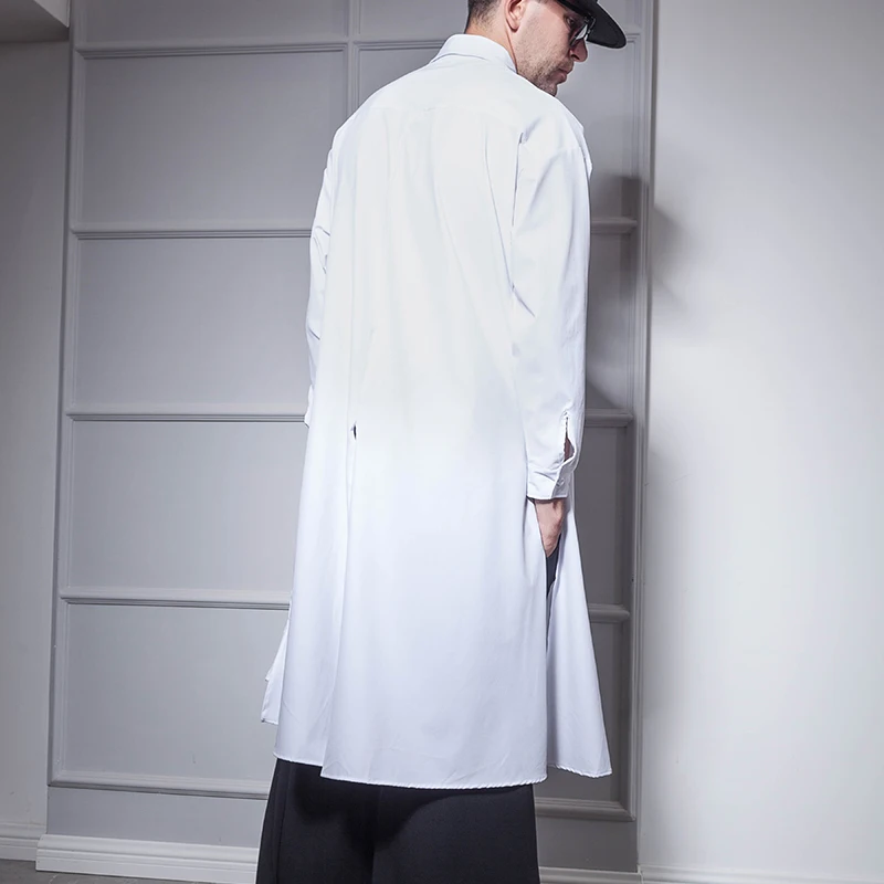 Мужская рубашка с длинным рукавом Супер длинная темно синяя разрезом сбоку