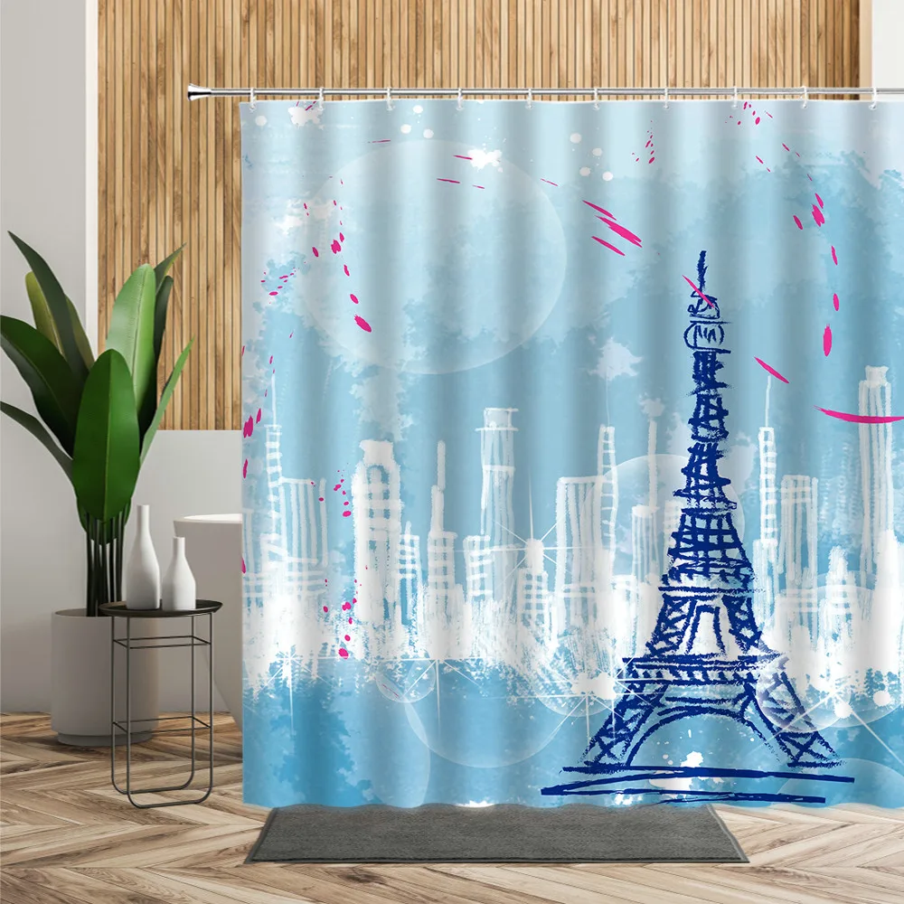 

Paris Tower Flower Printed Pattern Shower Curtain Europe Building Bathroom Decor Creative Floral Fabric With Hook Bath Curtains