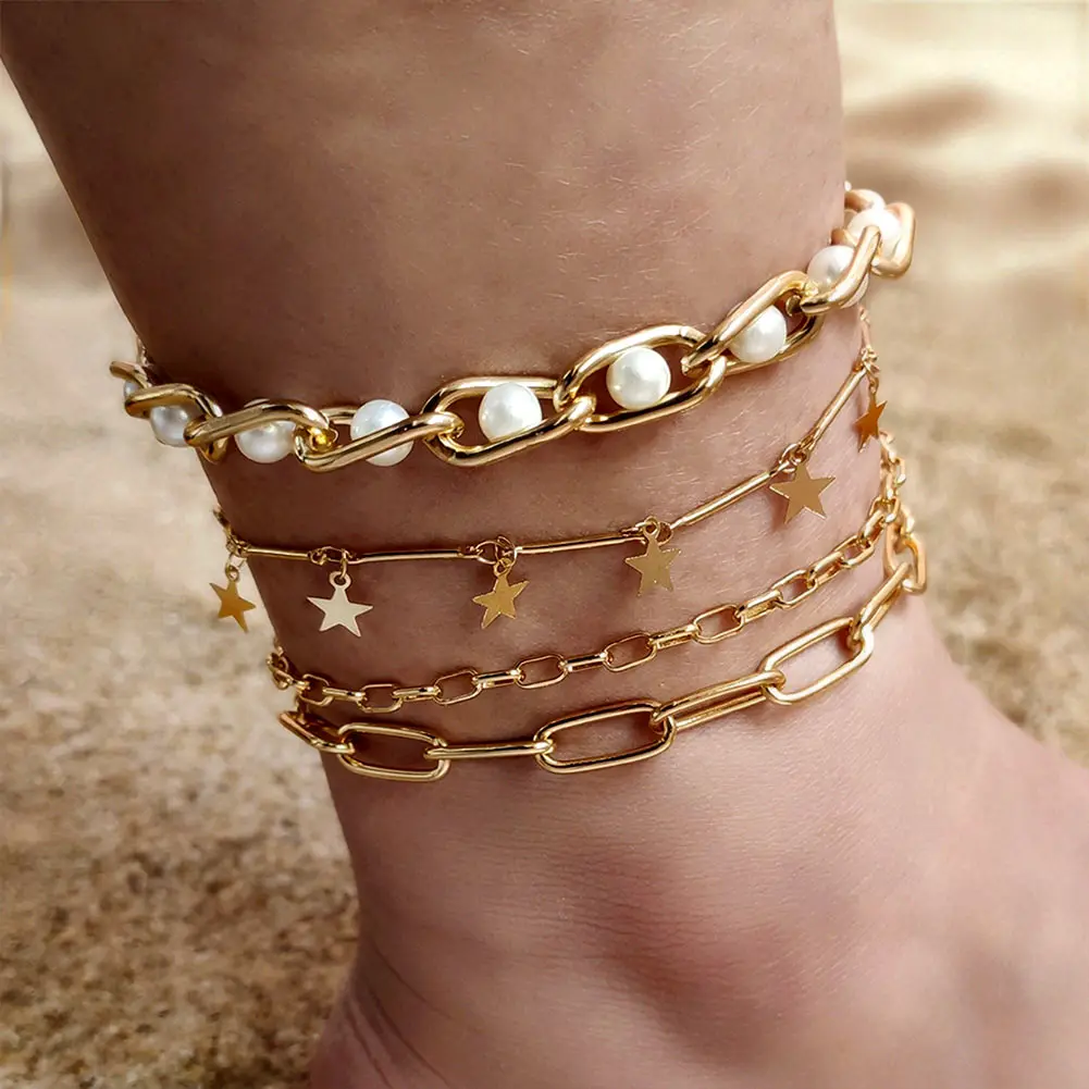 

Boho Fashion New Pearl Star Charm Anklets For Women Gold Color Multi-layered Minimalist Metal Chain Foot Bracelet Summer Jewelry