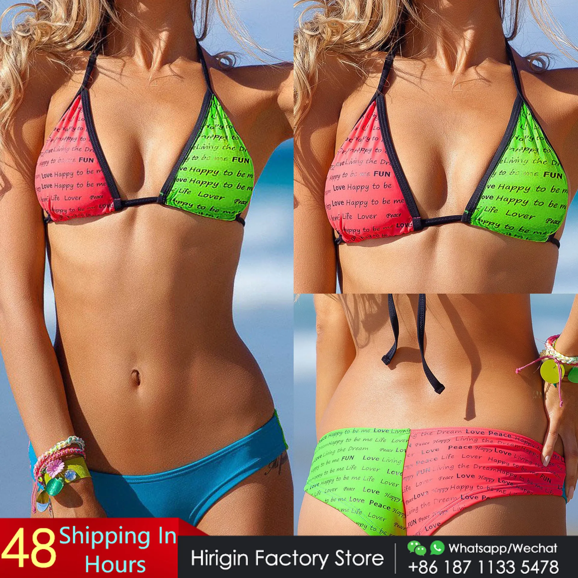 

Hirigin Candy Bikini Set Women Swimwear 2019 New Color Patchwork Letter Printed Thong Bikini Women Bathing Suit Swimming Suit