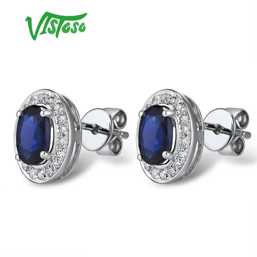 VISTOSO Pure 14K 585 роза/серьги из Белого Золота Шпилька для женщин Элегантный синий сапфир сверкающие бриллианты уникальные модные ювелирные изделия