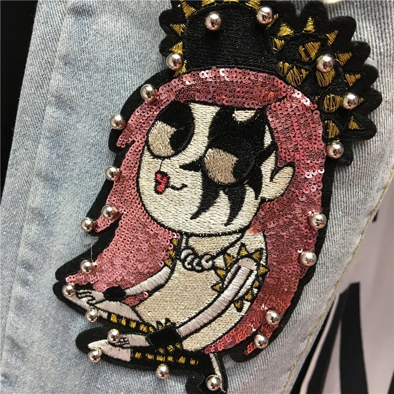 

Fashion Women Hole Ripped Jeans High Waist Sequined Cartoon Embroidery Denim Harem Pants Rivet Beads Ankle Length Baggy Pants