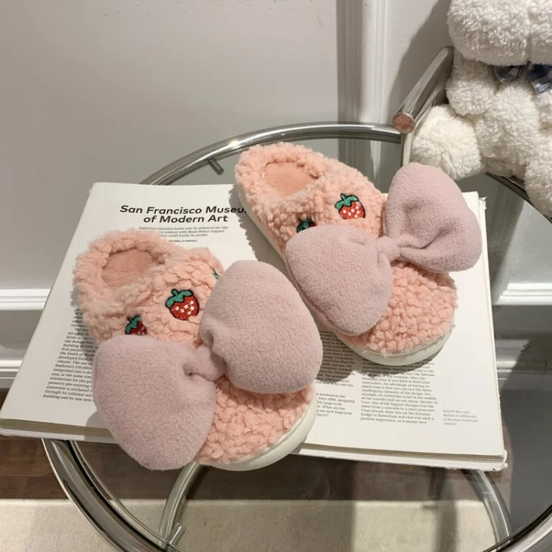 Autumn Winter New Ladies Cotton Slippers Simple Bow Comfortable Cotton Slippers Women Flat Slippers Women Furry Slippers Women