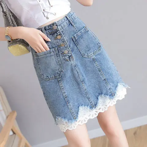 

Верхний край декорирован кружевом в стиле пэчворк Модная Джинсовая юбка 2021; Сезон весна-лето; Женская обувь; Новинка, Корейская версия, для ж...