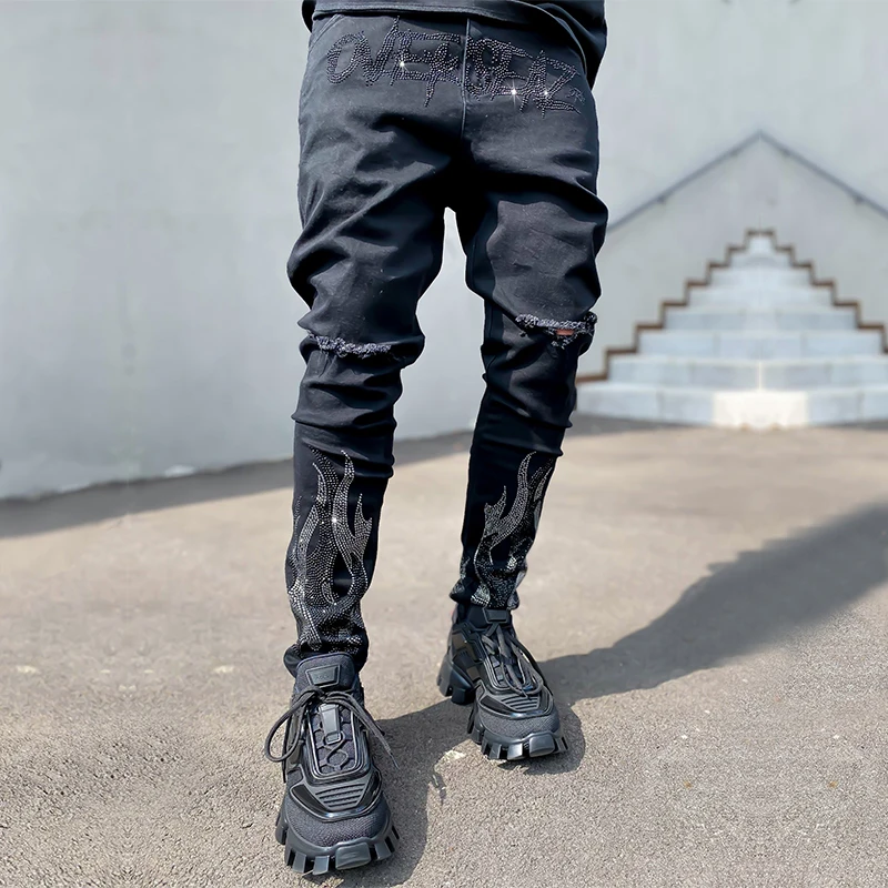 2021 Men's Ripped  Hot Drill Jeans Skinny Jeans Black Stretch Denim Pencil Pants MAN Denim Street Punk Slim Fit Biker Trousers
