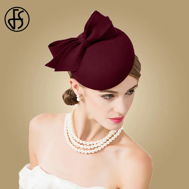 Wine Red Fascinator FS Вуалетка для женщин Элегантная черная шерстяная Pillbox шляпа леди Fedoras фетр Свадебные винтажные вечерние в церковном стиле Дерби Chapeau Pour Mariage - Цвет: Wine Red Fascinator