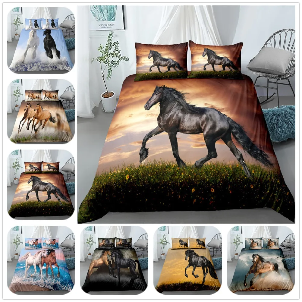 

Children fashion HD Digital Print Horse Bedding Sets Duvet Cover+ Pillowcase 2/3pcs Customized bed set US/AU/EU size