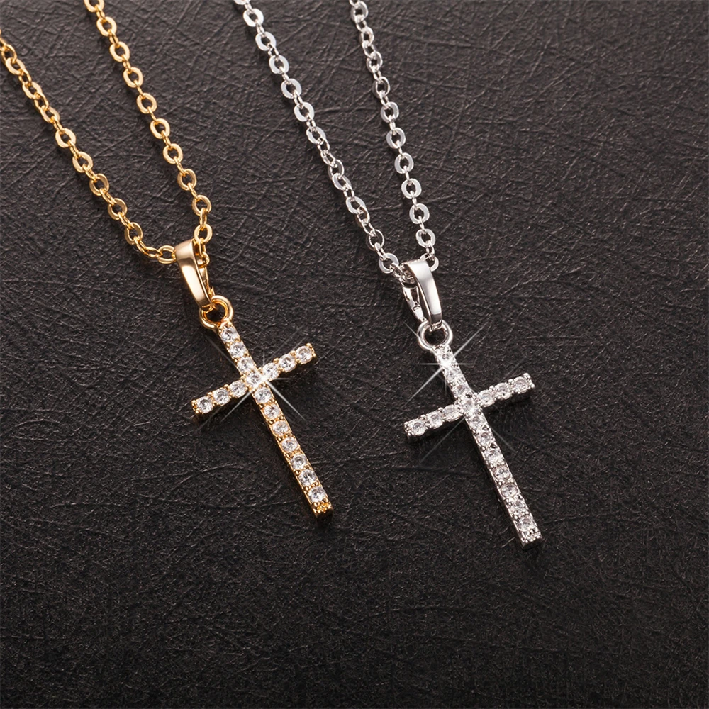 

New Crystal Cross Pendant Sweater Chain Necklace for Women Girls Silver Color Chunky Choker Necklaces Boho Fashion Jewelry Gift