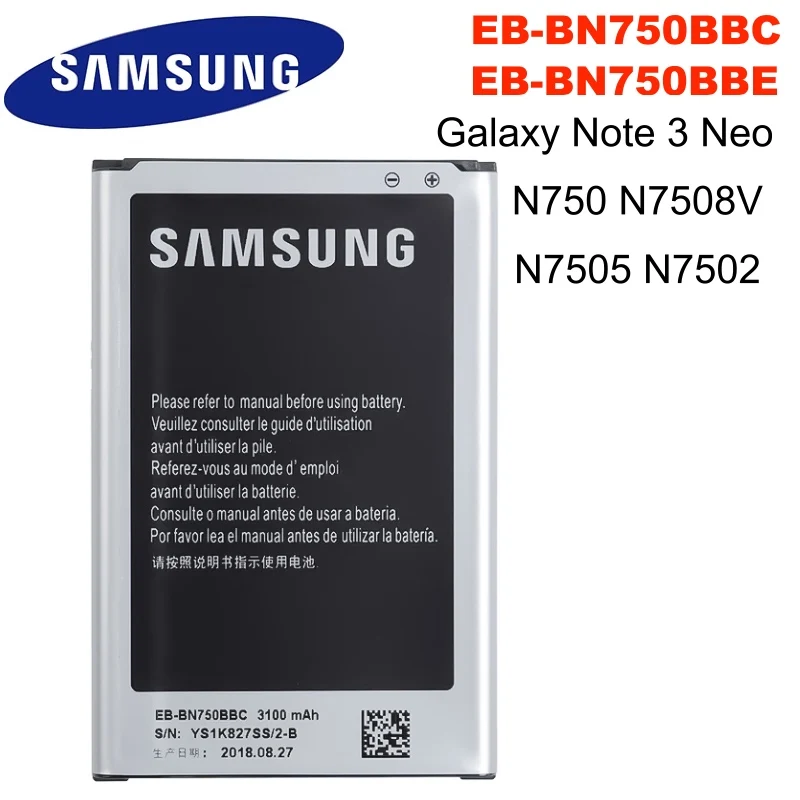 Оригинальный сменный аккумулятор Samsung для Galaxy Note 3 Neo N750 N7508V SM-N7505 N7502 EB-BN750BBC EB-BN750BBE