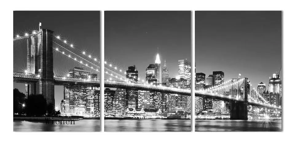 

Modern City Night Landscape Poster Black and White Wall Art Canvas Painting 3 Piece New York Brooklyn Bridge Picture for Home
