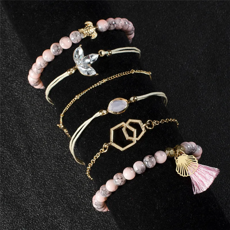 

6 Pcs/ Set Women Bracelets Set Boho Gem Shell Turtle Leaf Bead Chain Leather Multilayer Bracelet Charm Lady Gold Jewelry Gift
