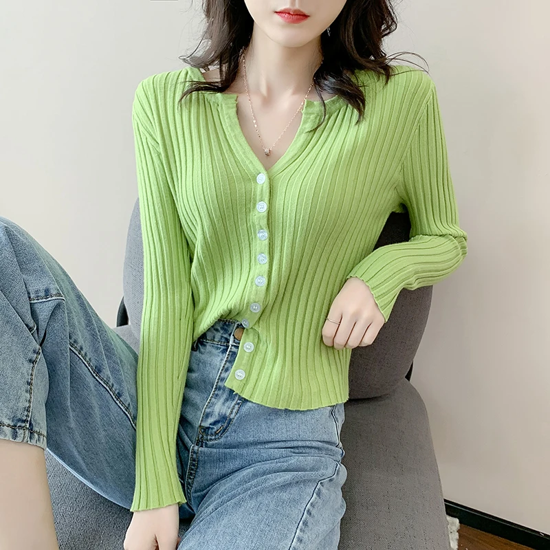 

Women V-Neck Knitted Full Sleeve Sweaters Cardigans Lady Knit Short Stretchy Autumn Spring Outwear Knitwear Top for Female