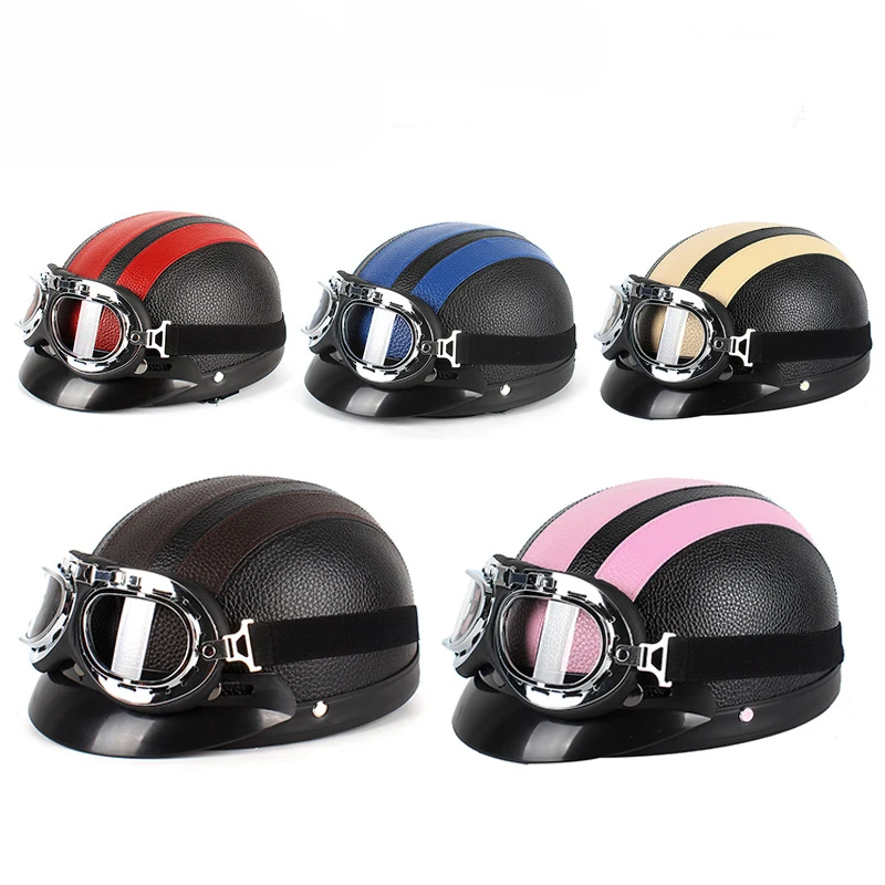 

Motorcycle Leather Helmet Goggles Men Women Open Face Half Retro Motocross Scooter Helmet Scooter Biker Cycling PU Helmet