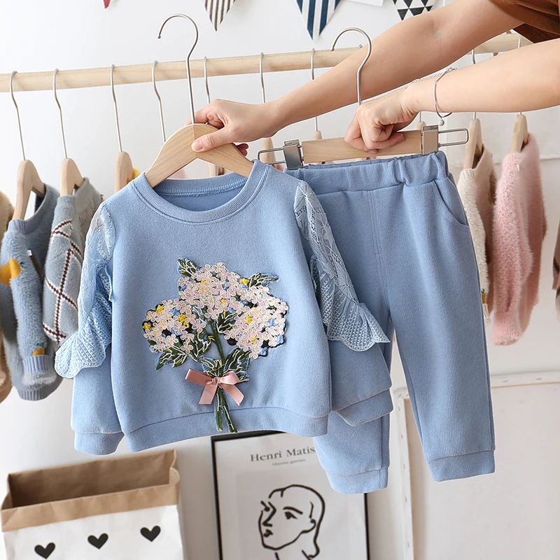 blue Комплекты одежды для девочек; модные детские ткани для девочек; спортивная одежда для детей; хлопковый спортивный костюм для детей 2-5 лет; одежда для малышей; костюм с цветочным рисунком - Цвет: blue