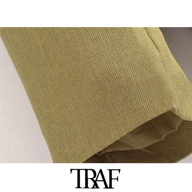 

TRAF Women Fashion Overszied Linen Blazer Coat Vintage Long Sleeve Flap Pockets Female Outerwear Chic Veste