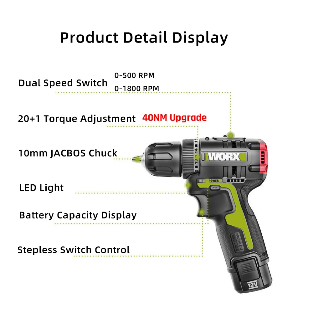 WORX WU130X бесщеточная дрель 40Nm12V Беспроводная отвертка 1800 об/мин индикатор емкости