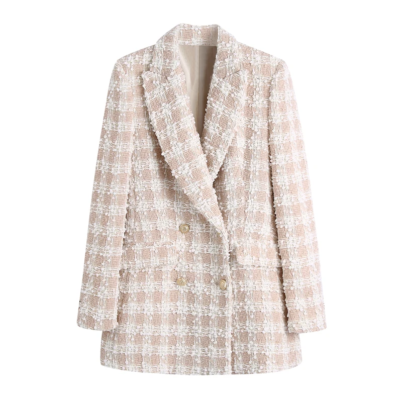 

Women 2021 za fashion tweed double breasted blazer coat vintage long sleeve flap pockets female outerwear chic veste femme